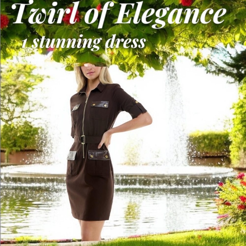 New! SHARAGANO Casual Short Sleeve Espresso Front Zip Dress  Size 14 - Picture 4 of 16